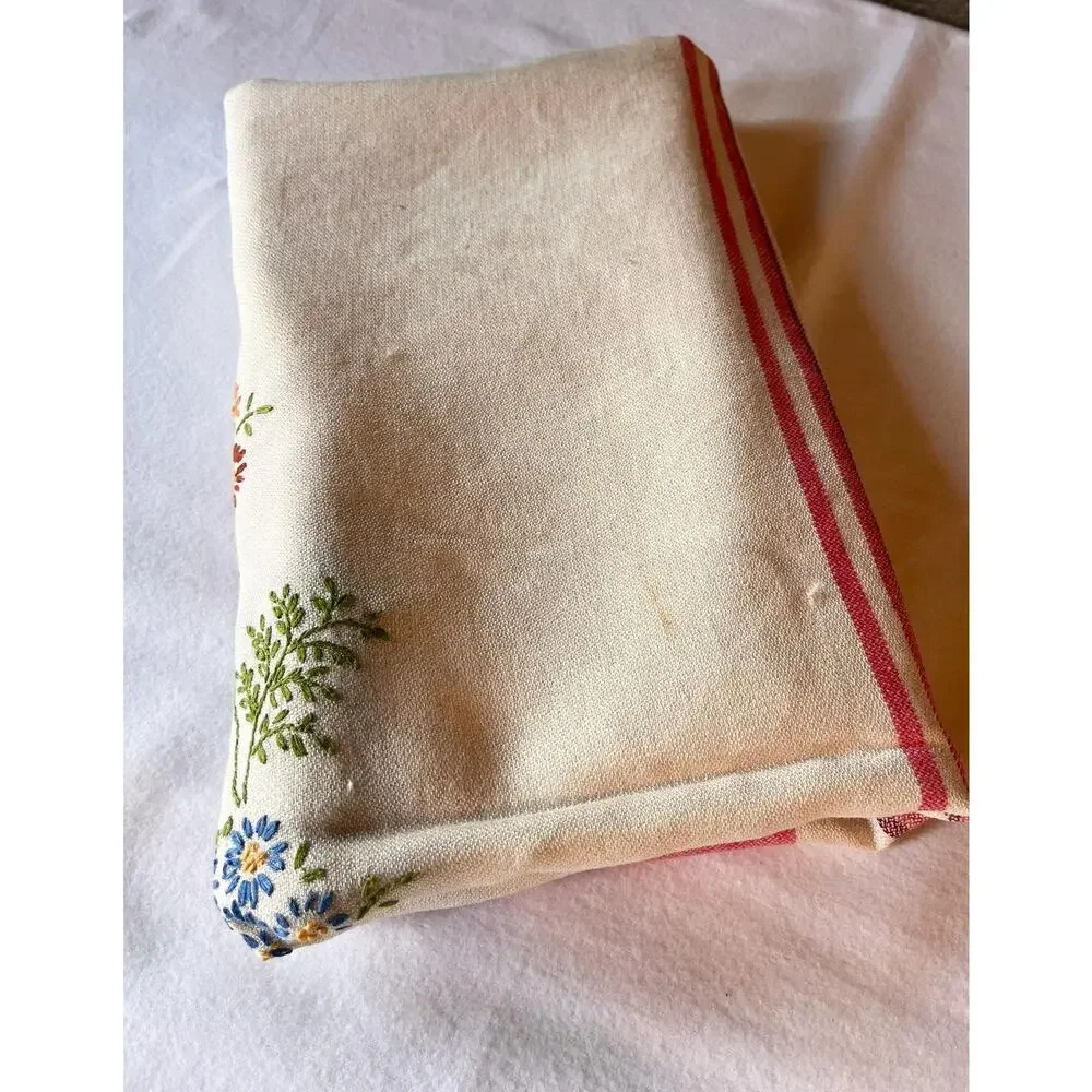 Vintage Red Striped Tablecloth with Embroidered Floral Center Motif